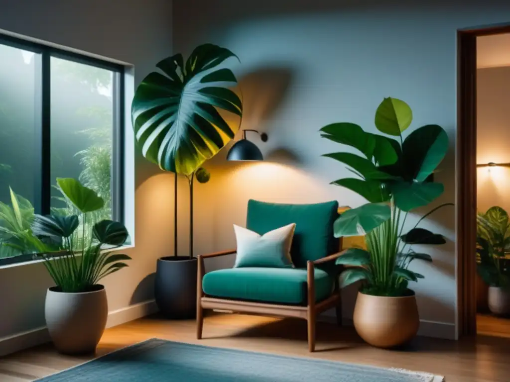 Serenidad entre plantas verdes en rincón de lectura Un rincón de lectura sereno con plantas exuberantes en elegantes macetas