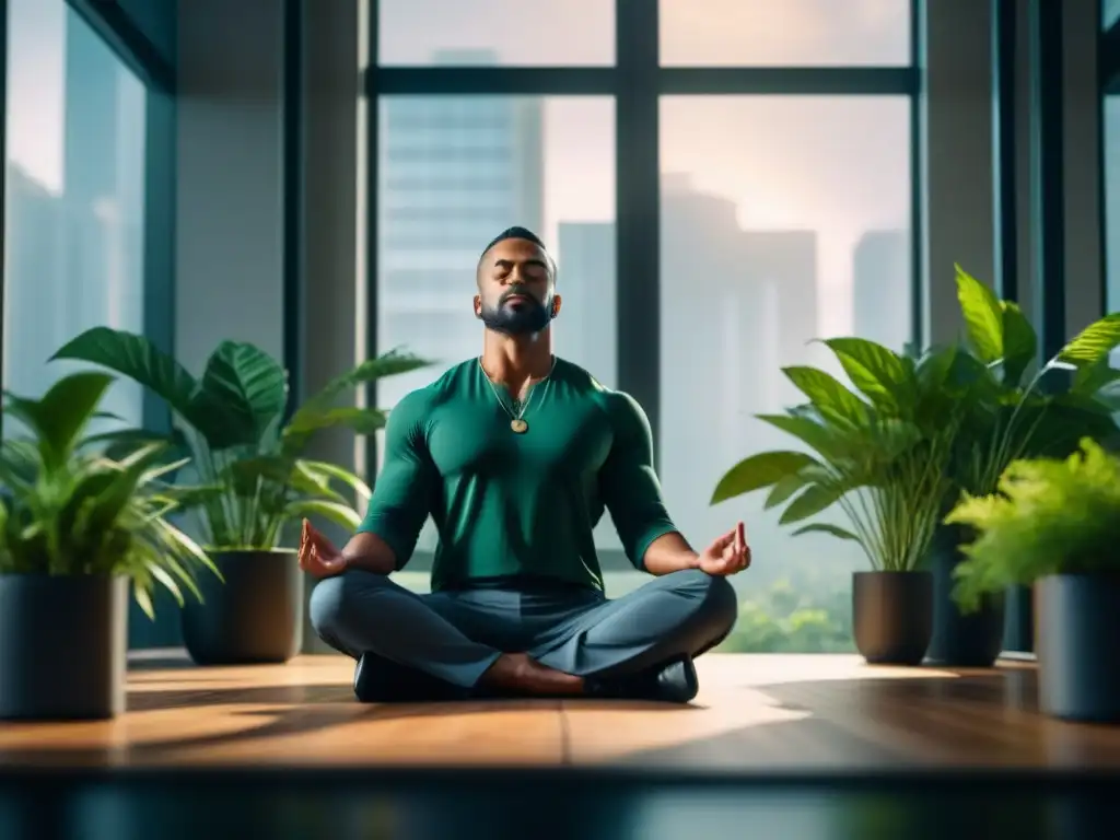 Líder mindfulness en entorno laboral sereno Líder en meditación, rodeado de naturaleza en oficina moderna