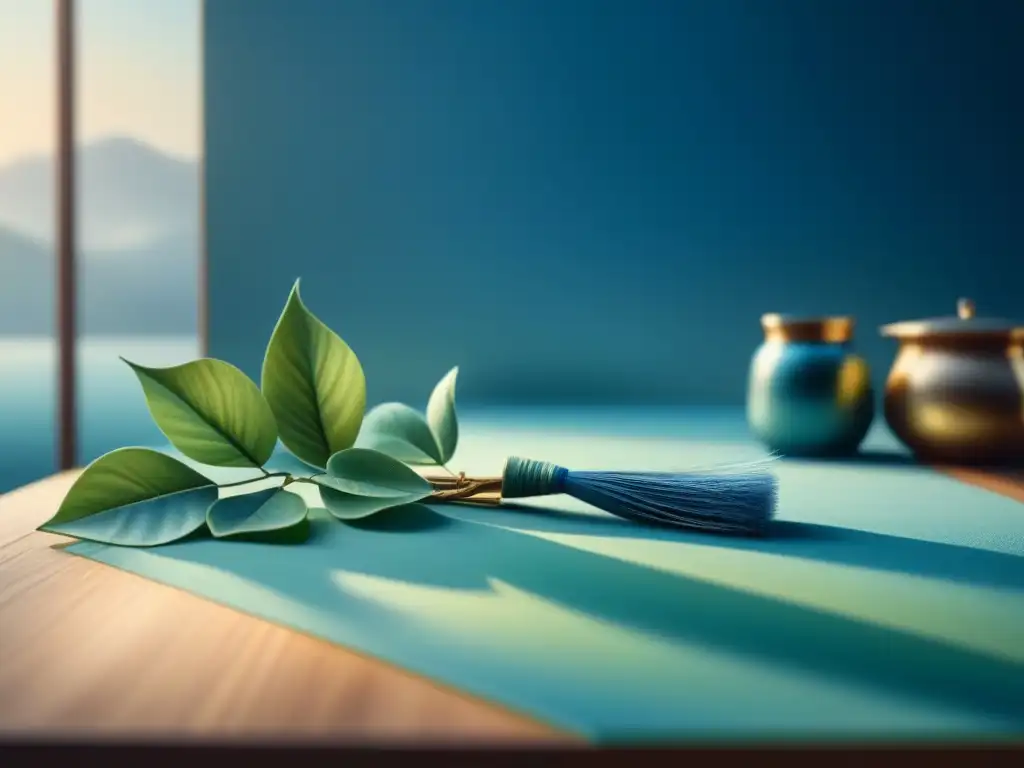 Pintura acuarela calmante en tonos azules y verdes Un lienzo de acuarela detallado, mostrando pinceladas suaves en tonos azules y verdes con toques de hoja de oro