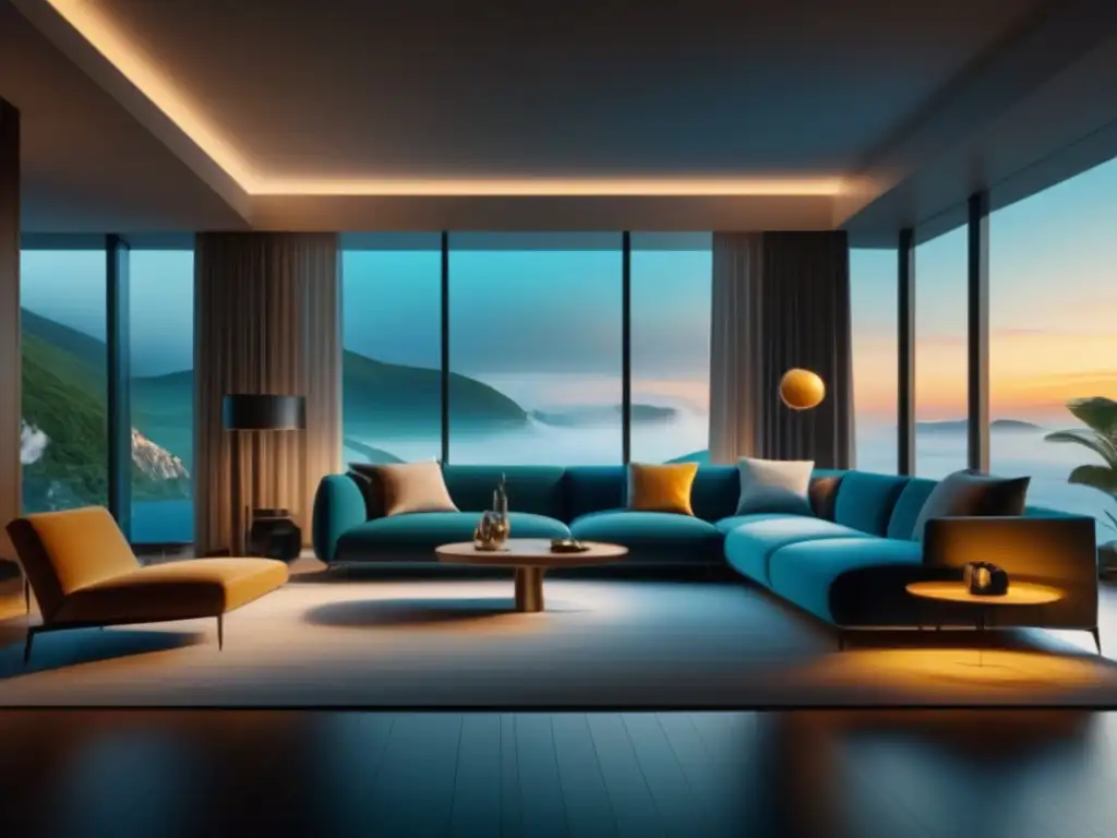 Salón moderno con iluminación inteligente en 8k Luces inteligentes para ambientes personalizados en un salón moderno y elegante con iluminación ambiental