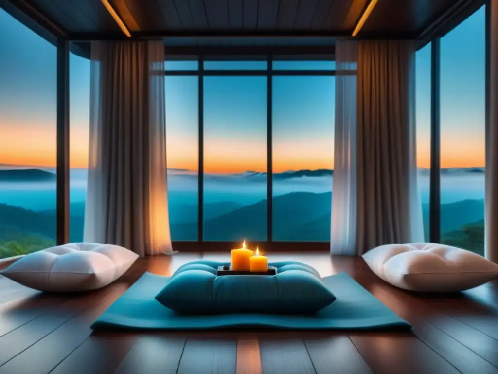 Espacio de meditación y yoga sereno y elegante con luz natural Un rincón de lujo en casa para meditación y yoga: suelo de madera, esterilla en el centro, cojines y velas alrededor, bañado en luz natural