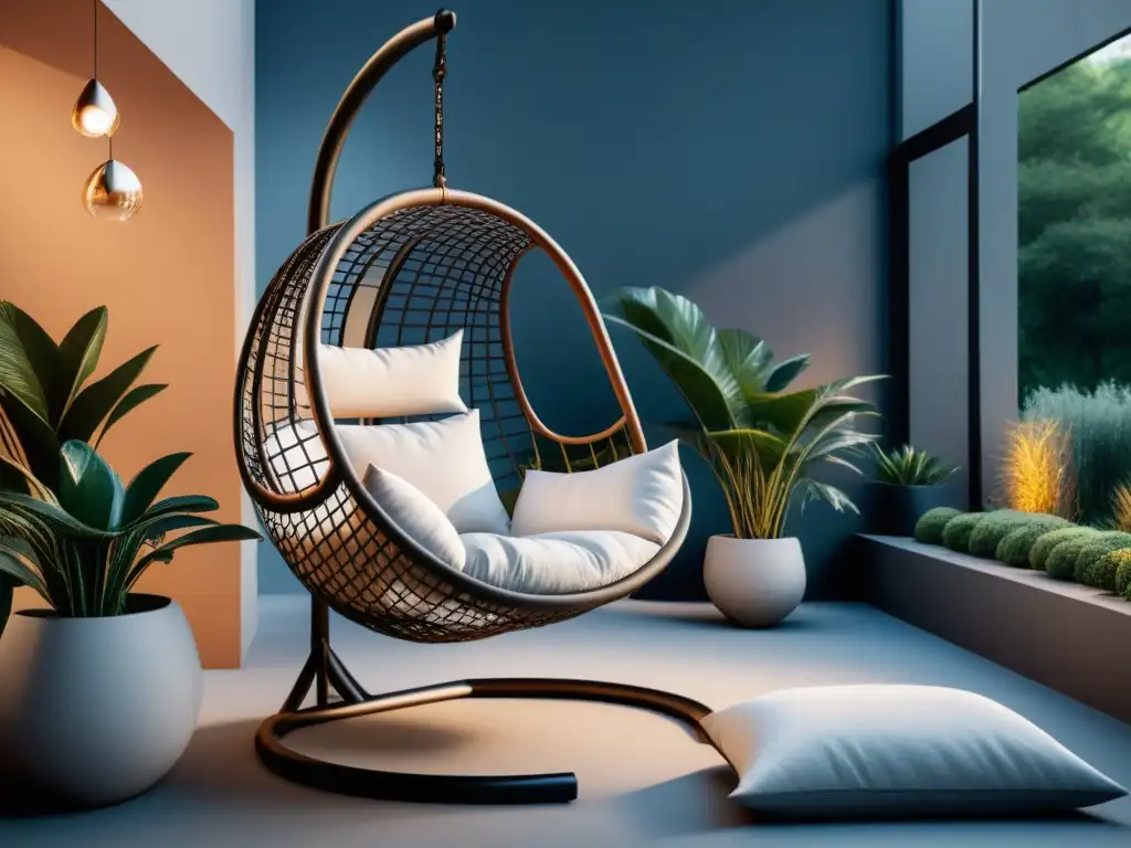 Silla colgante de lujo en espacio exterior moderno y sereno Lujo y confort en silla colgante de diseño contemporáneo en entorno moderno y sereno