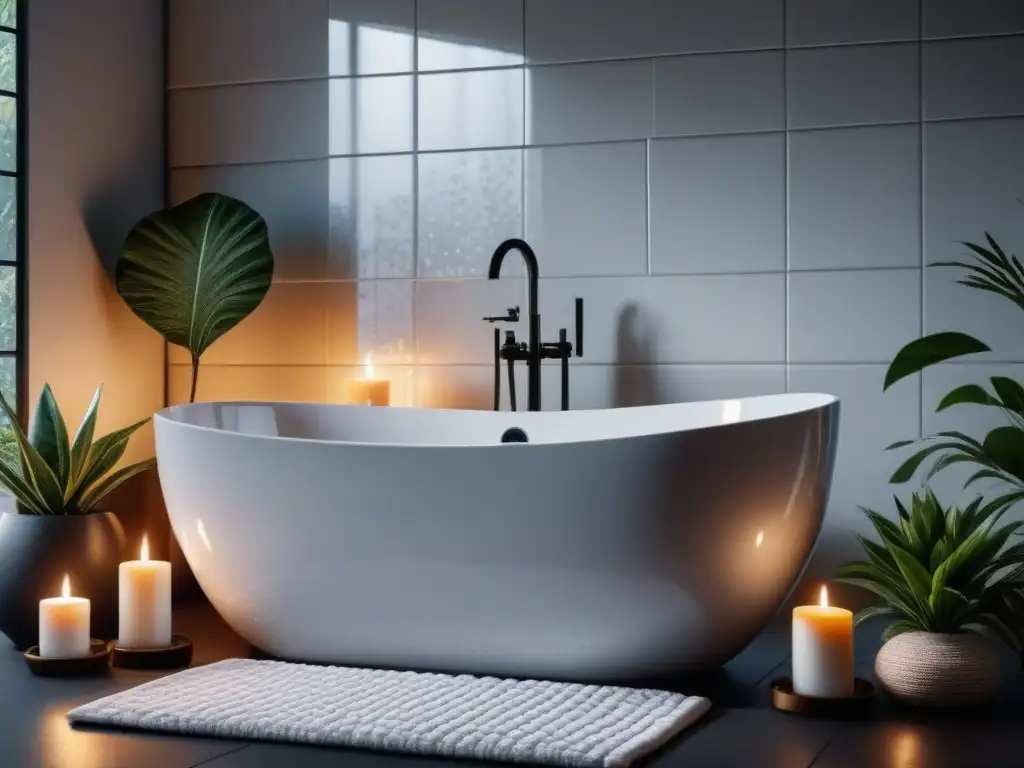 Spa de lujo y relajación: baño sereno con bañera de burbujas y velas Lujoso baño spa con bañera llena de burbujas, velas, aceites, sales y toallas