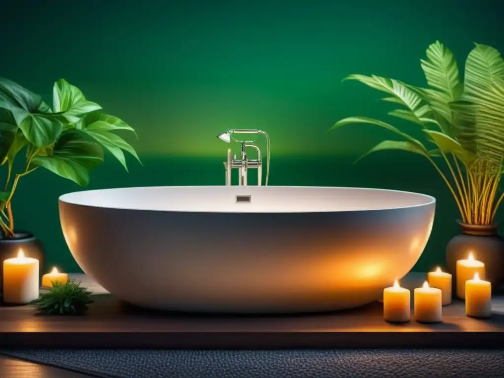 Un lujoso baño minimalista con una bañera independiente llena de sales aromáticas, rodeada de velas y plantas