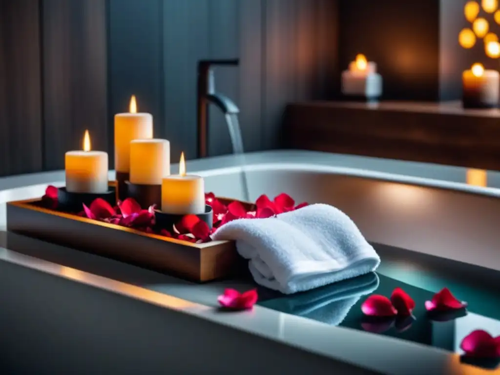 Spa de lujo con bañera y pétalos de rosa Un lujoso baño de spa con bañera, pétalos de rosa, productos de aromaterapia y una bata blanca