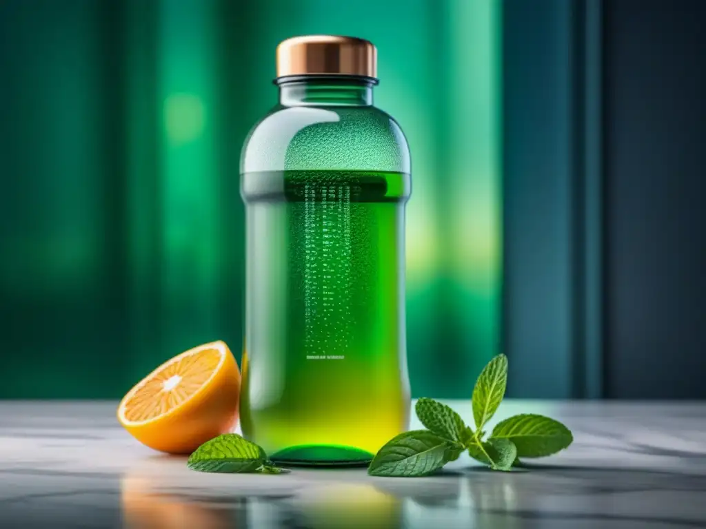 Un lujoso kit de detox con botella de agua, frutas cítricas y hojas de menta en un elegante mostrador de mármol