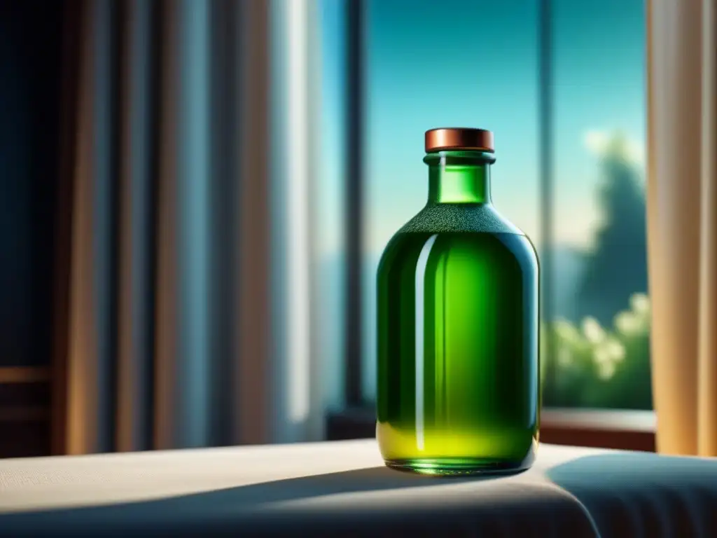 Un lujoso kit de detox con una botella de cristal llena de jugo verde vibrante, iluminada por una suave luz natural