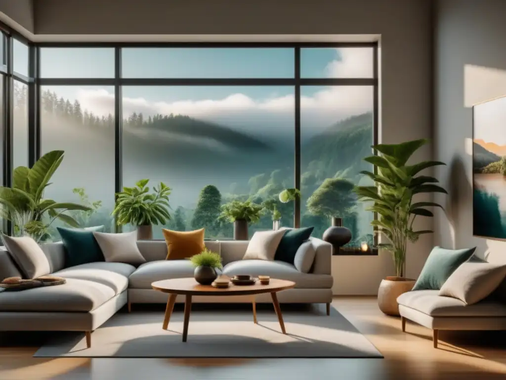 Armonía y equilibrio en sala Feng Shui Salón armonioso según Feng Shui con luz natural y paleta neutra