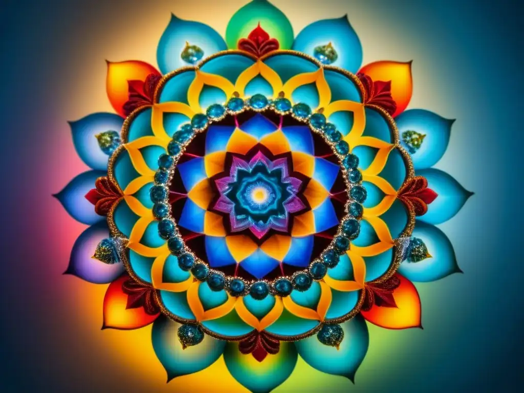 Mandala de cristales: armonía y chakras Un mandala de cristales coloridos representando los chakras