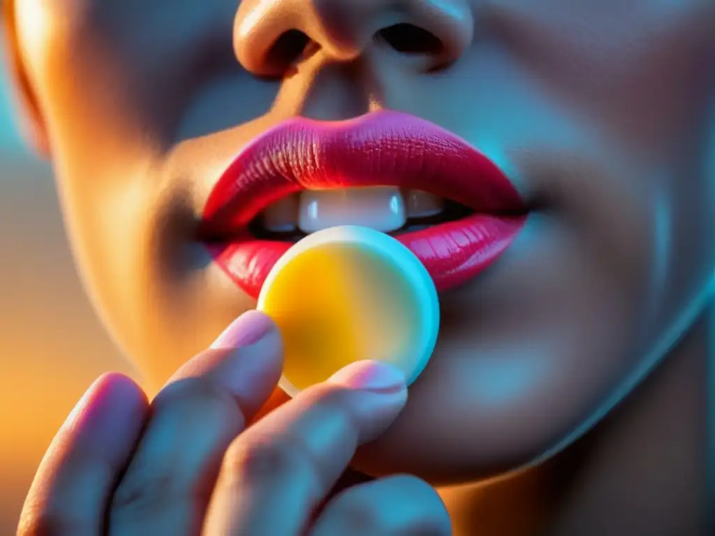 Bálsamo labial natural: labios suaves y besables Mano sosteniendo bálsamo labial natural, con labios suaves y besables al fondo