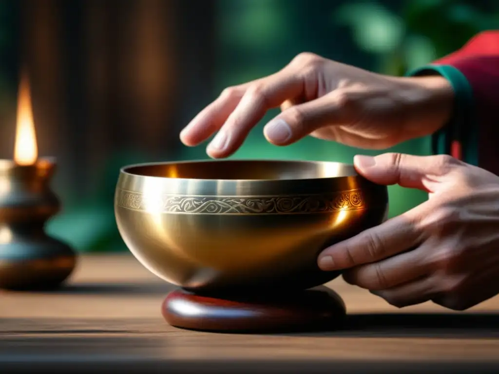 Manos tocando cuenco tibetano: detalle y armonía Unas manos tocan suavemente un cuenco tibetano, mostrando técnicas de relajación