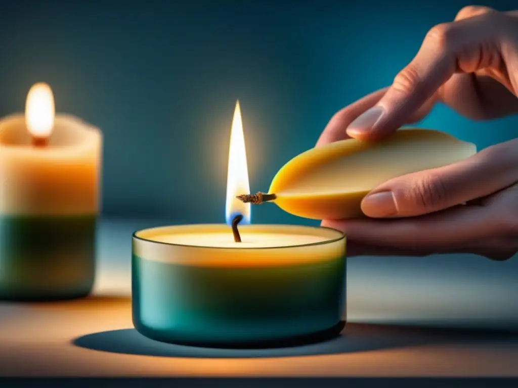 Recorte meticuloso de mecha en vela aromática Manos cuidadosas recortan la mecha de una vela aromática, en un elegante entorno con iluminación suave