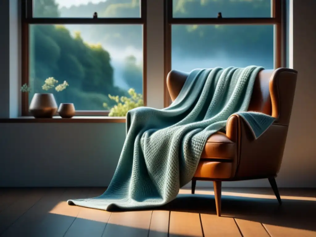 Una manta tejida para relajación en casa cubriendo un sillón en una habitación soleada, transmitiendo tranquilidad y confort