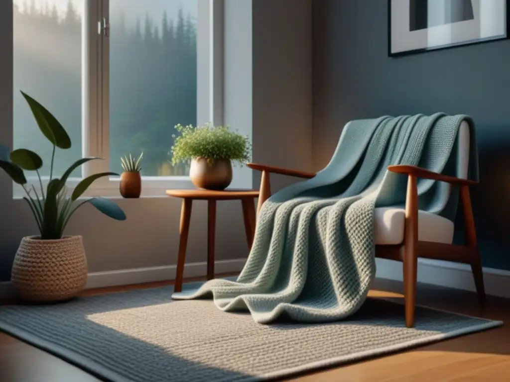 Mantas tejidas para relajación en casa: Sala minimalista acogedora con manta tejida sobre sillón moderno