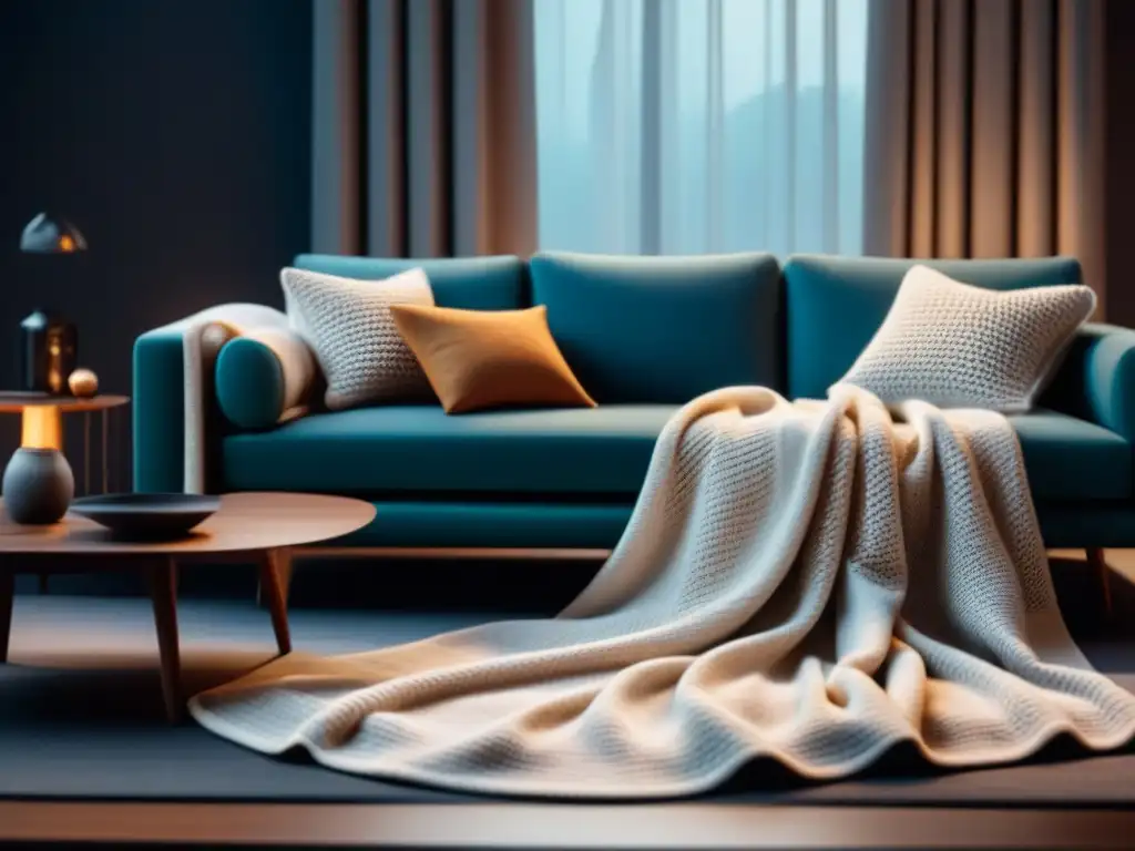 Mantas tejidas para relajación en casa: Sala acogedora con manta tejida sobre sofá moderno, bañada en luz suave y cálida
