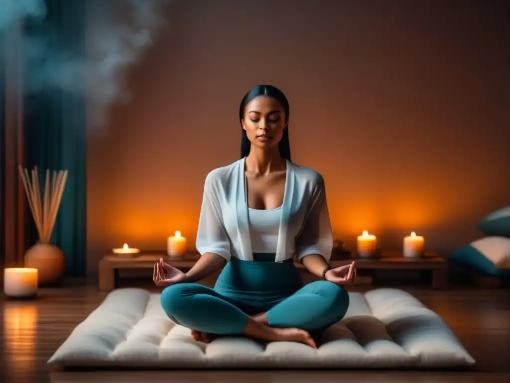 Meditación en casa: paz y armonía con velas e incienso Práctica de guía meditación mantrica en casa: persona meditando en ambiente sereno con velas e incienso