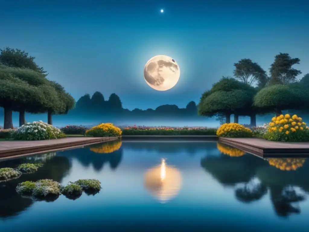 Majestuosa luna llena iluminando un jardín sereno Maravillosa noche serena con luna llena brillante sobre un jardín tranquilo