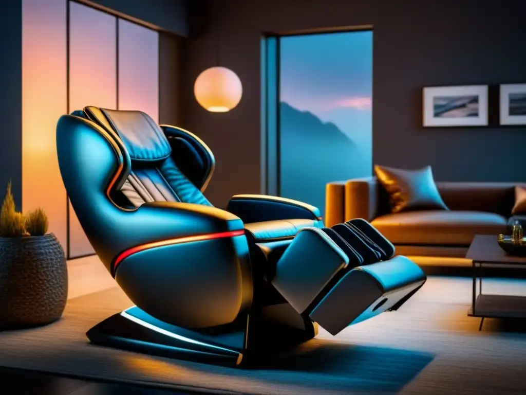 Silla de masaje de lujo: tecnología avanzada en un entorno sereno Sillón de masaje alta gama con lujo en cuero, tecnología avanzada y función de gravedad cero, iluminado por LED en elegante sala decorada