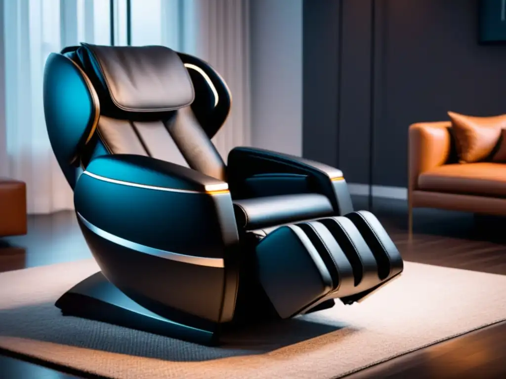 Silla de masaje de lujo: elegancia en cuero negro Sillón de masaje alta gama en lujoso salón moderno con iluminación ambiental, elegante tapizado de cuero negro
