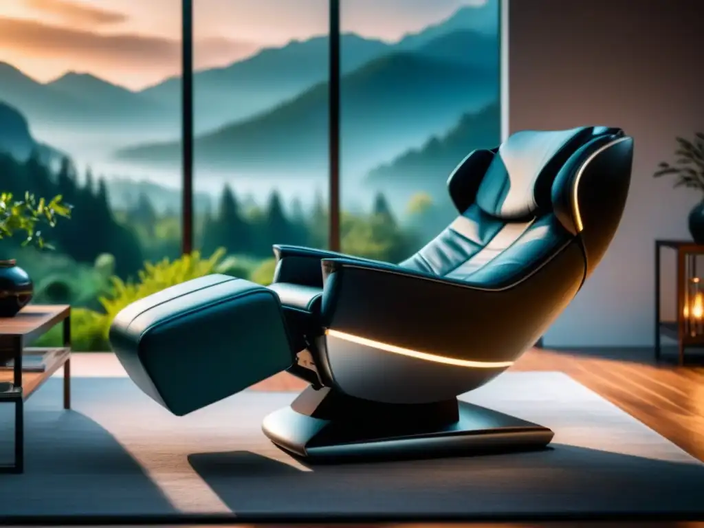 Silla de masajes de lujo: diseño elegante y confort premium Sillón de masaje alta gama en lujoso salón con elegancia y confort, luz ambiental y toque de naturaleza