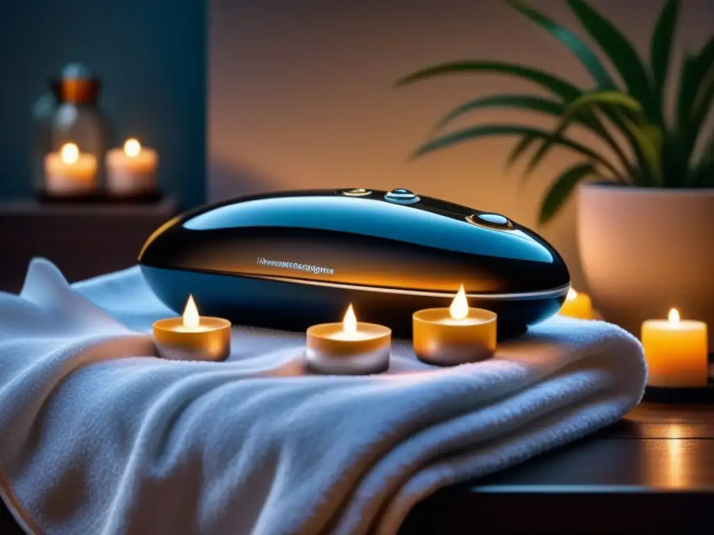 Un masajeador eléctrico de alta gama en un lujoso spa, rodeado de velas aromáticas y una atmósfera relajante