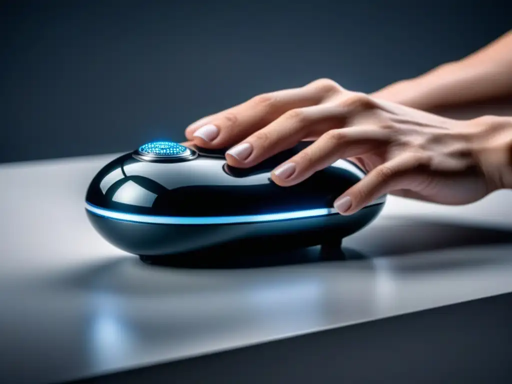 Un masajeador eléctrico de mano de alta gama en un elegante diseño negro mate con detalles plateados sobre fondo blanco