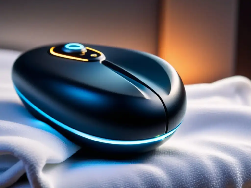 Un masajeador eléctrico de mano de alta gama en elegante acabado negro mate sobre una toalla blanca, en un spa relajante y lujoso