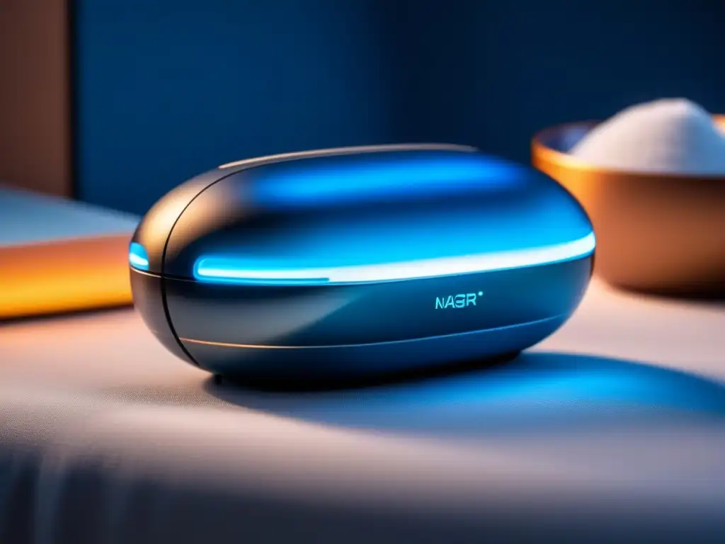 Masajeador inteligente de diseño futurista en superficie lujosa Un masajeador inteligente de diseño futurista sobre una superficie lujosa, con luces LED y un fondo azul sereno