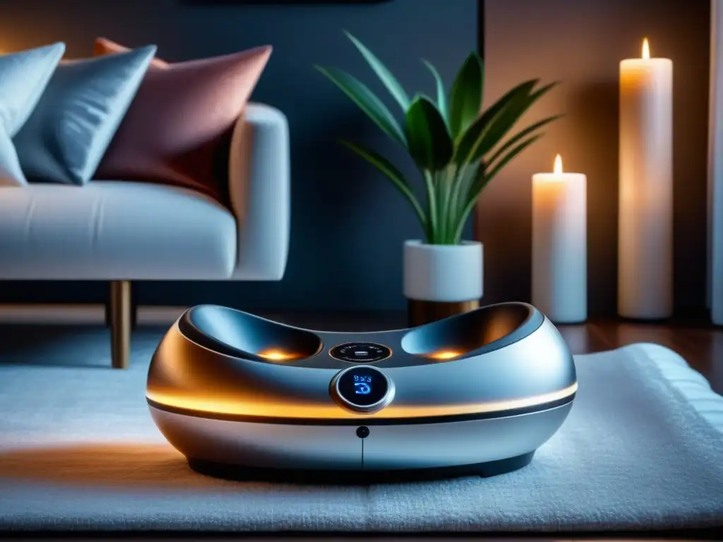 Masajeador de pies futurista en sala de lujo Un masajeador de pies de lujo en un elegante salón moderno, rodeado de velas, plantas y toallas esponjosas