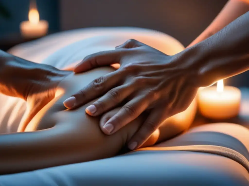 Auto-masaje relajante: manos cuidadosas en hombros Masajes autoaplicados en casa: Un momento de tranquilidad y cuidado, con manos que masajean suavemente los hombros de una persona relajada y contenta