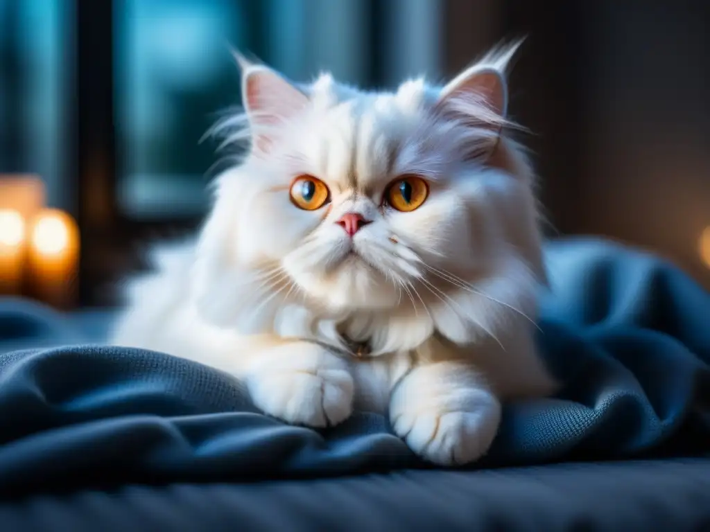 Tranquilidad felina: gato persa blanco en manta gris Mascotas para manejar ansiedad en casa: Gato persa blanco relajado en manta gris con luz cálida