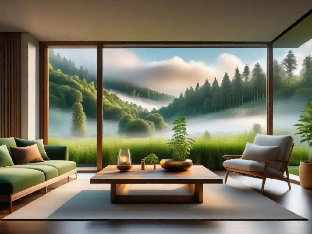 Sala ecológica con vistas a la naturaleza: integración perfecta Decoración ecológica con materiales reciclados: Sala moderna con vista a un bosque verde, muebles minimalistas y tonos naturales
