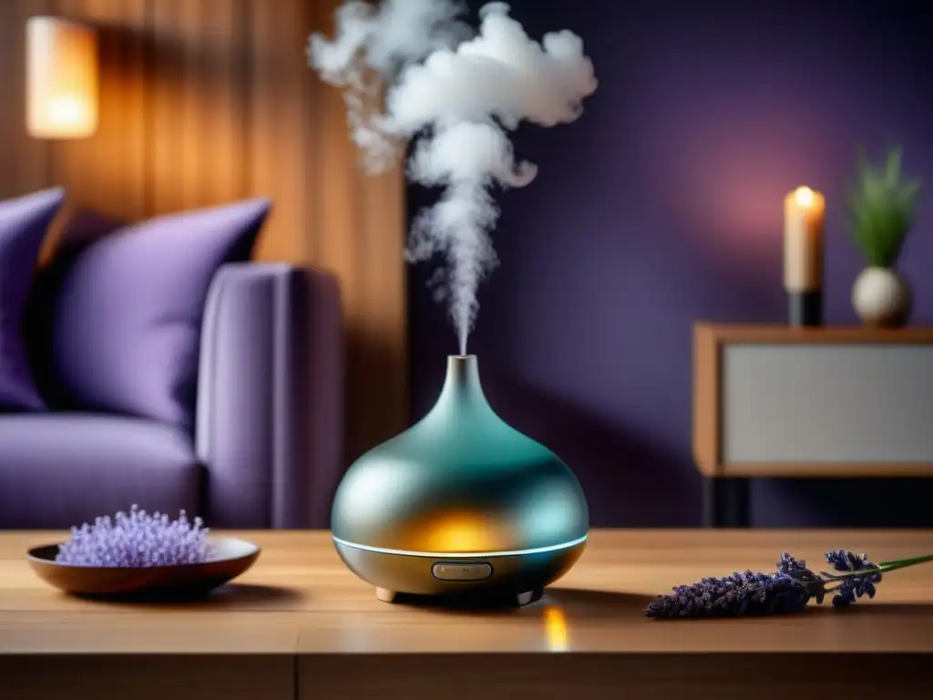 El mejor difusor de aromas para el hogar: un elegante difusor de vidrio liberando una suave bruma aromática en un acogedor salón moderno