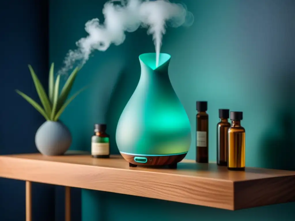 Mejor difusor de aromas hogar: Un difusor moderno emitiendo una suave niebla en un ambiente acogedor y tranquilo