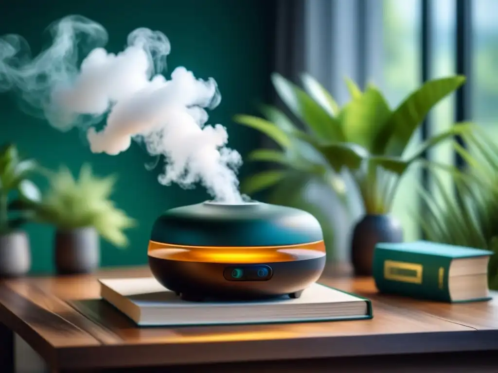 El mejor difusor de aromas hogar en un ambiente armonioso y tranquilo, rodeado de plantas y libros, emitiendo una suave neblina de aceites esenciales
