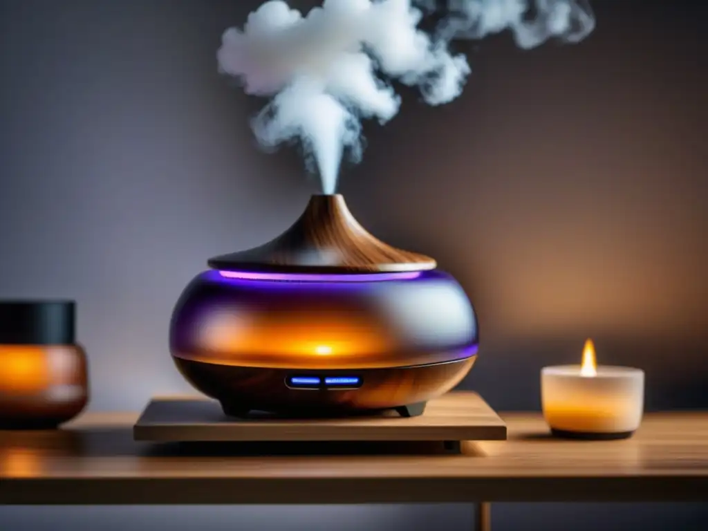 El mejor difusor de aromas para tu hogar: un elegante difusor emitiendo una suave bruma de aceite esencial de lavanda en un moderno y limpio entorno