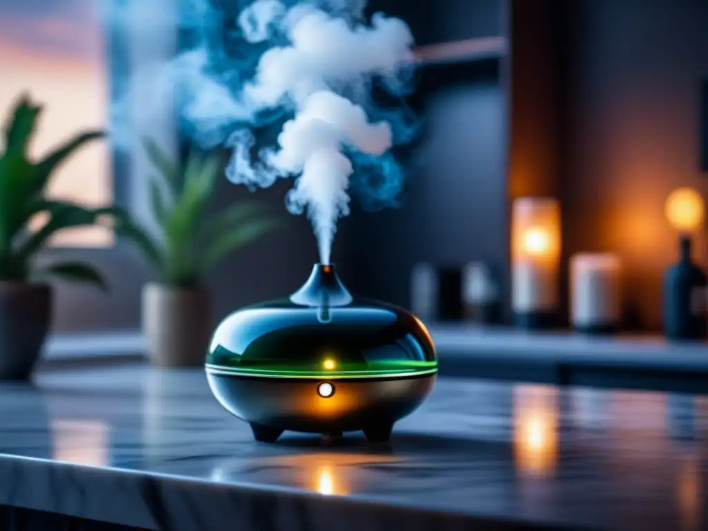 Mejor difusor de aromas hogar: Un elegante difusor de aromaterapia en un salón decorado con estilo, emitiendo un suave vapor fragante