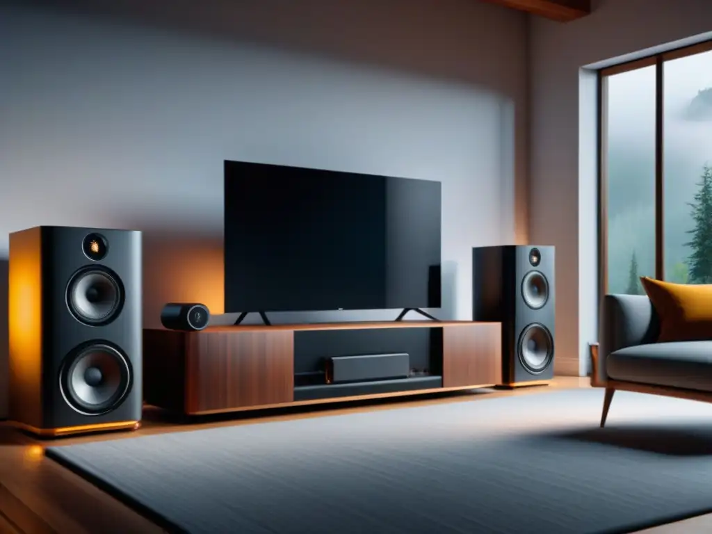Armonía sonora: sistema de audio de alta fidelidad en ambiente elegante Mejores sistemas sonido ambiental hogar en una sala moderna con altavoces de alta fidelidad integrados elegantemente en la decoración