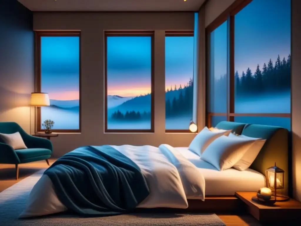 Refugio tranquilo: dormitorio minimalista con luz cálida y estrellada Melatonina para sueño profundo: Dormitorio minimalista sereno con iluminación cálida, cama acogedora y vista nocturna estrellada