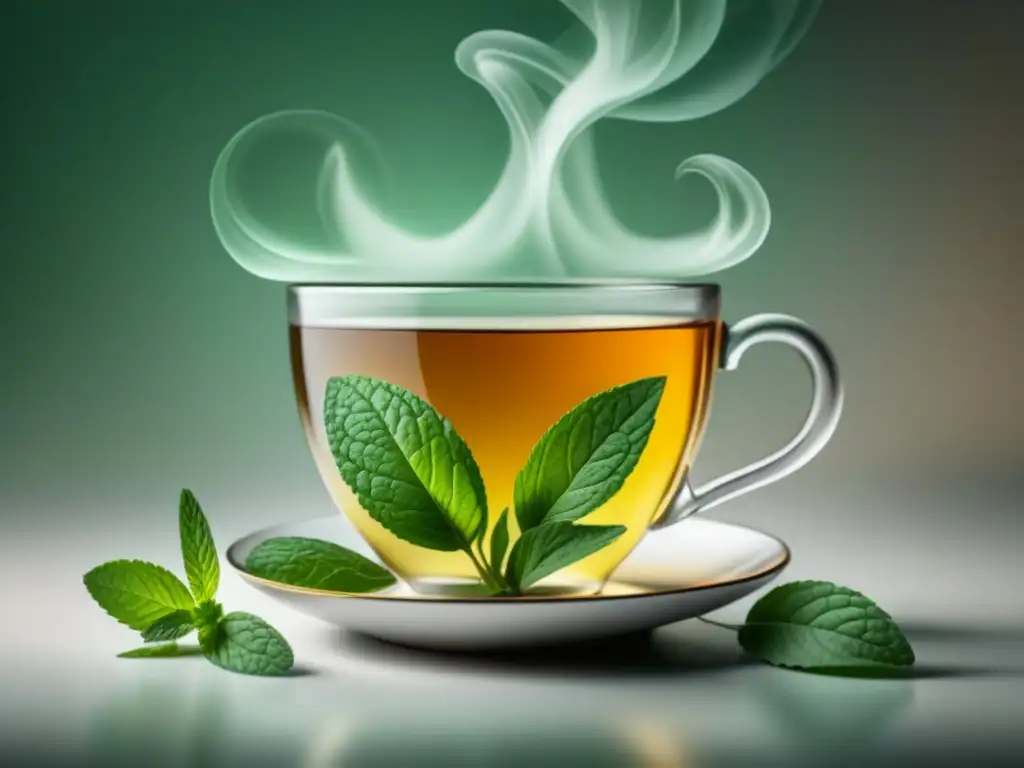 Taza de té de menta humeante y hojas frescas Té de menta para ansiedad: una ilustración serena de una taza humeante rodeada de hojas frescas de menta en un fondo blanco