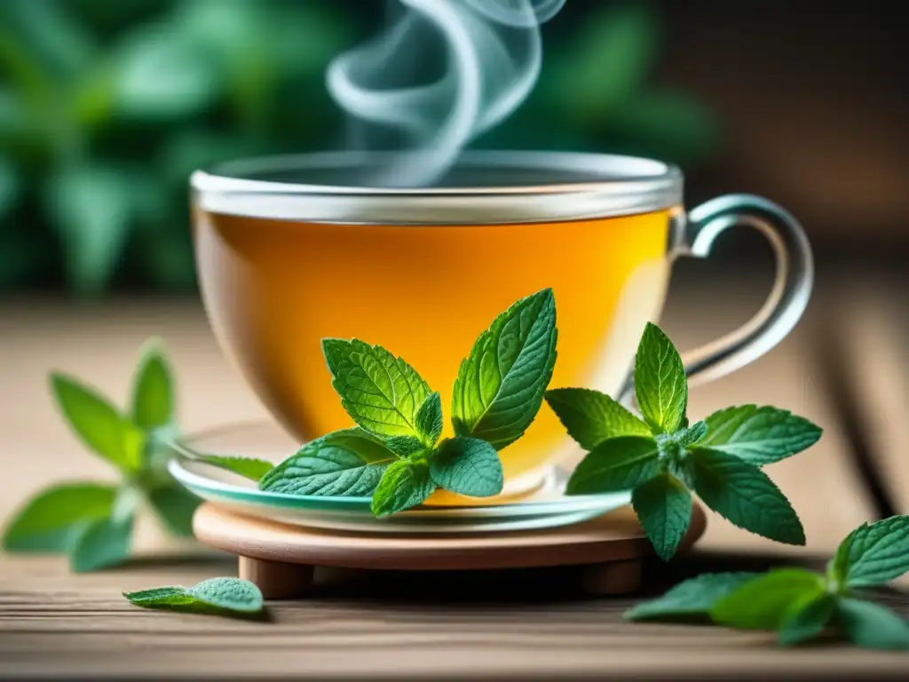 Taza de té de menta: serenidad y relajación Té de menta para ansiedad: Una taza de té de menta humeante sobre un posavasos de madera con hojas verdes borrosas de fondo