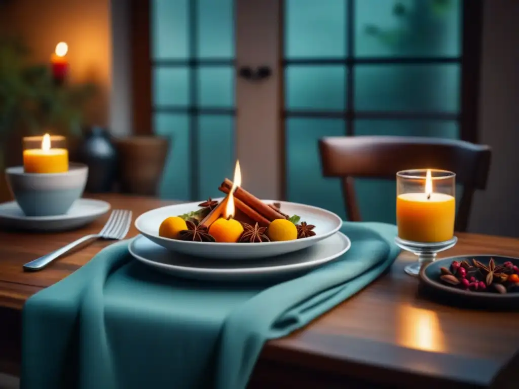 Exquisita mesa de cena con especias aromáticas y luz de velas Una mesa de cena elegante con velas, especias y vajilla sofisticada