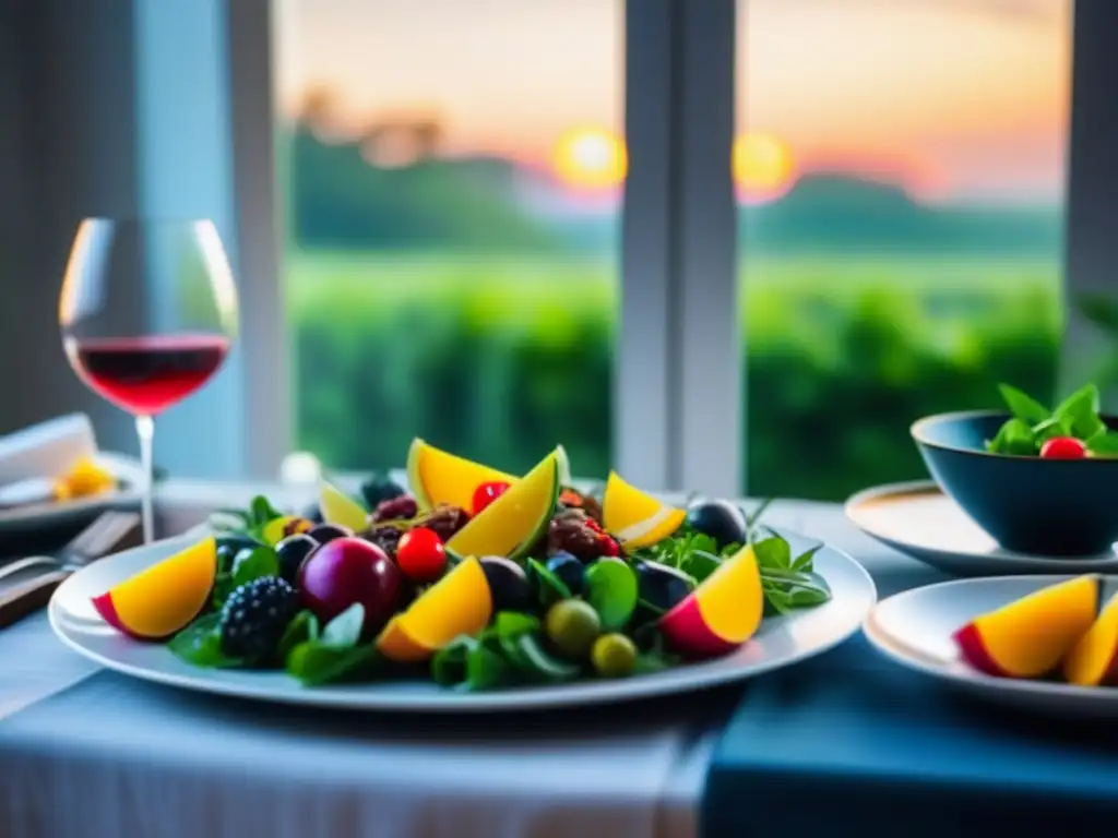 Comida saludable y colorida en mesa minimalista Una mesa de comidas relajantes en familia en casa con platos coloridos y saludables, bañada en luz natural suave
