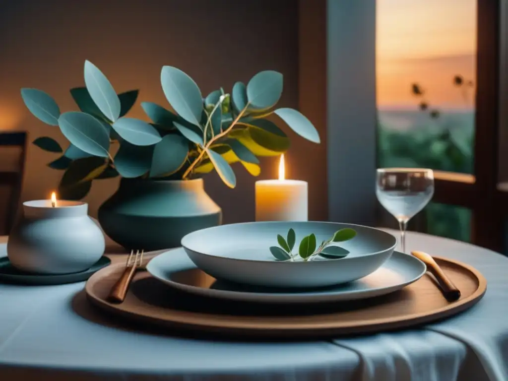 Escena minimalista: Serenidad en la mesa para una velada relajante en casa Una mesa minimalista para una cena relajante en casa: mantel blanco, vajilla minimalista, cubiertos de plata, una vela y ramas de eucalipto fresco