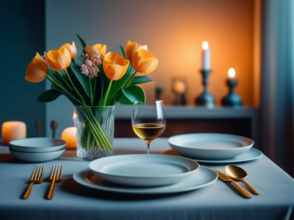 Mesas elegantes: cena serena en casa Una mesa elegantemente preparada en casa para una cena relajante, con vajilla blanca, cubiertos de plata y velas iluminando el ambiente