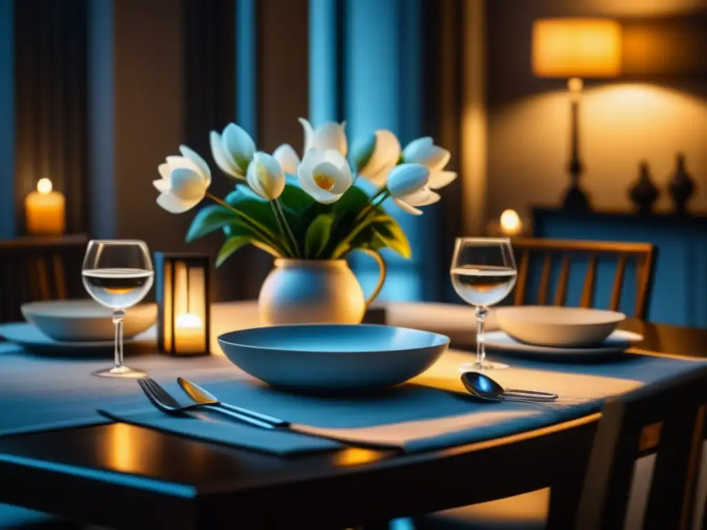 Mesa de comedor elegante y relajante Una mesa elegantemente preparada con vajilla blanca, cubiertos pulidos, flores frescas y luz de velas, ideal para comidas relajantes en hogar