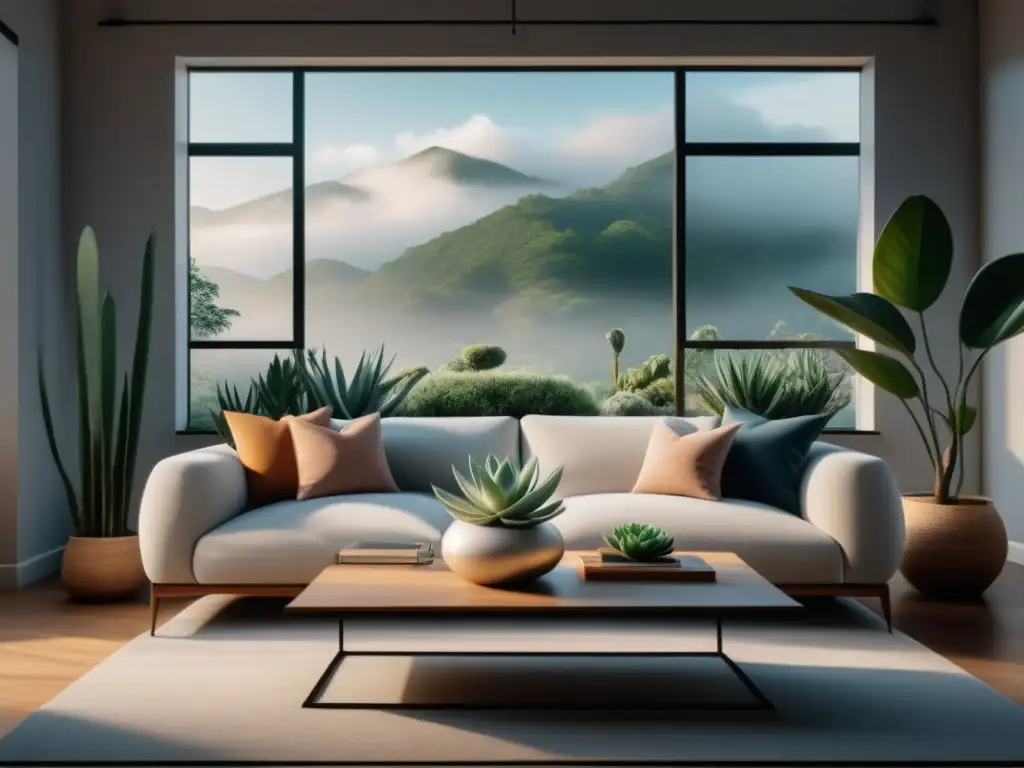 Salón minimalista y sereno: sofá blanco y arte abstracto Minimalismo digital para ambiente relajante: Sala serena con tonos suaves y neutros, sofá blanco y mesa elegante