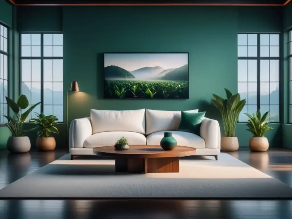 Salón minimalista con sofá blanco y arte abstracto Minimalismo en diseño de interiores: Sala serena y espaciosa con sofá blanco elegante, mesa de café baja y arte abstracto en la pared