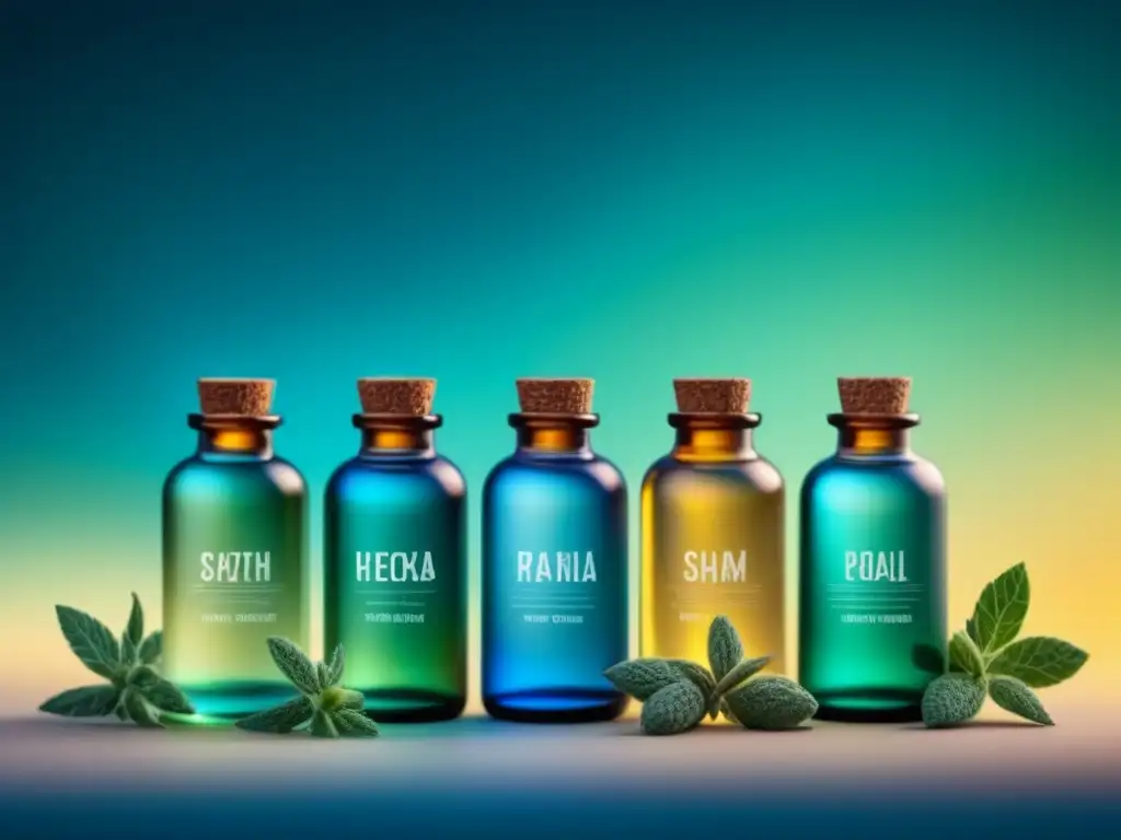 Exquisita ilustración de aceites esenciales en tonos pastel Ilustración minimalista de botellas de aceites esenciales en colores pastel, emitiendo vapor aromático