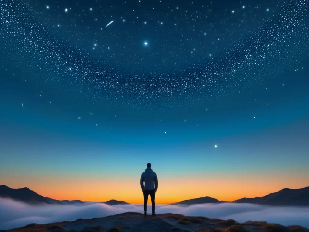 Ilustración celestial: paz interior y autoconocimiento Ilustración minimalista detallada de un cielo nocturno sereno con constelaciones, brillo suave en el centro, simbolizando paz interior y autoconocimiento en astrología terapéutica